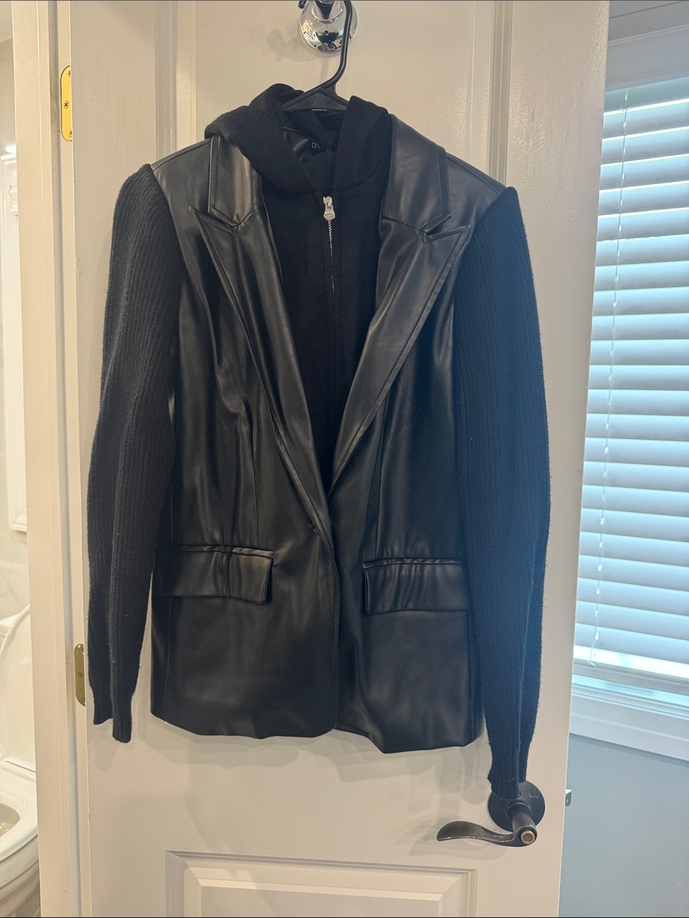 Central Park West Black Mixed-Media Blazer with Knit Sleeves